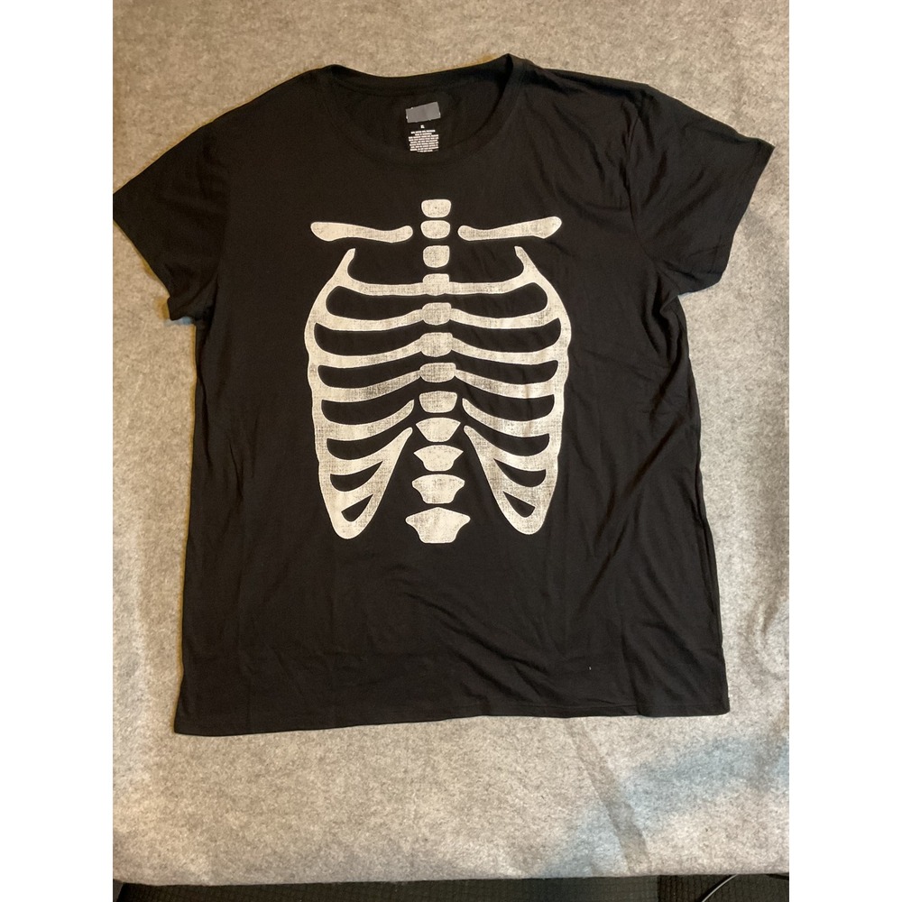 Womens Black Skeleton Rib Cage Graphic T-Shirt XL Halloween Goth Crew Neck